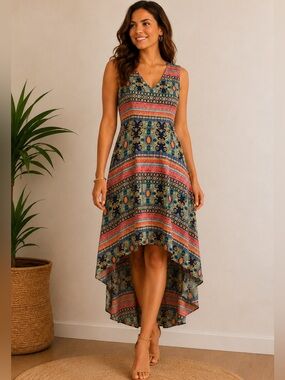 Like New! Christin Michaels Talaya Printed V-Neck High-Low Dress- Size 10